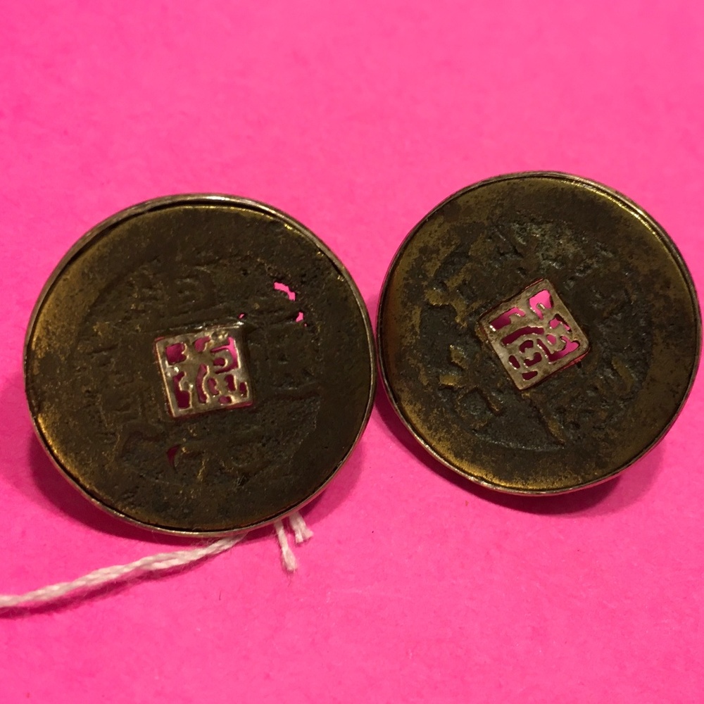 Chinese Coin and Silver Earings with Fu Character